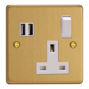 XDE4U2SW.BB Varilight 4 Gang 5V DC 4800mA USB Charging Port Essential Brushed Brass Finish With White Sockets