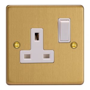 XDE4W.BB Varilight 1 Gang 13 Amp Double Pole Switched Socket Essential Brushed Brass Finish With White Socket and White Switch