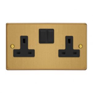 XDE5B.BB Varilight 2 Gang 13 Amp Double Pole Switched Socket Essential Brushed Brass Finish With Black Sockets and Black Switches