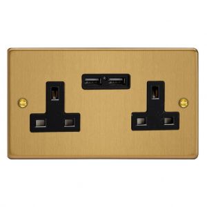 XDE5U2B.BB Varilight 2 Gang 13 Amp Single Pole Unswitched Socket with 2 Optimised USB Charging Ports Essential Brushed Brass Finish With Black Sockets