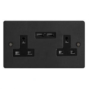 XDE5U2B.MB Varilight 2 Gang 13 Amp Single Pole Unswitched Socket with 2 Optimised USB Charging Ports Essential Matt Black Finish With Black Sockets