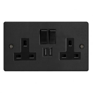 XDE5U2SB.MB Varilight 2 Gang 13 Amp Single Pole Switched Socket with 2 x 5V DC 2.1 Amp USB Charging Ports Essential Matt Black Finish With Black Sockets, and Black Switches