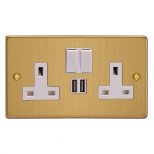 XDE5U2SW.BB Varilight 2 Gang 13 Amp Single Pole Switched Socket with 2 x 5V DC 2.1 Amp USB Charging Ports Essential Brushed Brass Finish With White Sockets, and White Switches