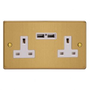 XDE5U2W.BB Varilight 2 Gang 13 Amp Single Pole Unswitched Socket with 2 Optimised USB Charging Ports Essential Brushed Brass Finish With White Sockets