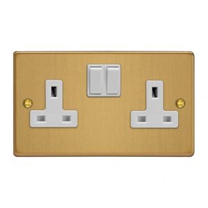 XDE5W.BB Varilight 2 Gang 13 Amp Double Pole Switched Socket Essential Brushed Brass Finish With White Sockets and White Switches