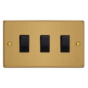 XDE73B.BB [XDEPGY3.BB + 3x G103SB] Varilight 3 Gang Comprising of 3 Intermediate (3 Way) 10 Amp Switch Essential Brushed Brass Finish With Black Switches, On a Double Plate