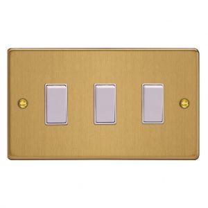 XDE73W.BB [XDEPGY3.BB + 3x G103SW] Varilight 3 Gang Comprising of 3 Intermediate (3 Way) 10 Amp Switch Essential Brushed Brass Finish With White Switches, On a Double Plate