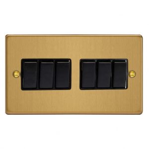 XDE96B.BB Varilight 6 Gang 10 Amp Switch Essential Brushed Brass Finish With Black Switches