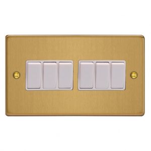 XDE96W.BB Varilight 6 Gang 10 Amp Switch Essential Brushed Brass Finish With White Switches