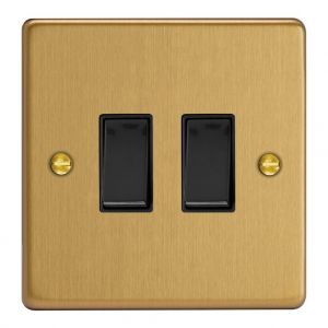 XDEBP2B.BB [XDEPGY2.BB +  2x G100PB] Varilight 2 Gang 10 Amp Push-to-make, Bell Push, Retractive Switch Essential Brushed Brass Finish With Black Switches