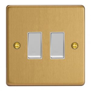 XDEBP2W.BB [XDEPGY2.BB +  2x G100PW] Varilight 2 Gang 10 Amp Push-to-make, Bell Push, Retractive Switch Essential Brushed Brass Finish With White Switches