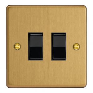 XDER2B.BB [XDEPGY2.BB + 2x G102SRB] Varilight 2 Gang 10 Amp 2 Way & Off Retractive Switch Essential Brushed Brass Finish With Black Switches