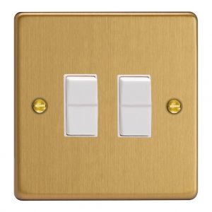 XDER2W.BB [XDEPGY2.BB + 2x G102SRW] Varilight 2 Gang 10 Amp 2 Way & Off Retractive Switch Essential Brushed Brass Finish With White Switches