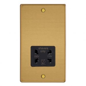 XDESSB.BB Varilight Black Dual Voltage 240V/115V IP41 Shaver Socket Essential Brushed Brass Finish With Black Socket