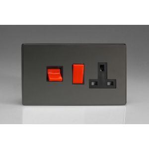 XDI45PBS Varilight 45 Amp Double Pole Horizontal Cooker Panel with 13 Amp Switched Socket Screwless Iridium Black (Gloss) Effect Finish With Red Switches and Black Socket