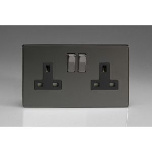 XDI5BS Varilight 2 Gang 13 Amp Double Pole Switched Socket Screwless Iridium Black (Gloss) Effect Finish With Black Sockets and Iridium Black Switches