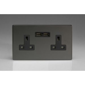 XDI5U2BS Varilight 2 Gang 13 Amp Single Pole Unswitched Socket with 2 Optimised USB Charging Ports Screwless Iridium Black (Gloss) Effect Finish With Black Sockets