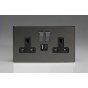 XDI5U2SBS Varilight 2 Gang 13 Amp Single Pole Switched Socket with 2 x 5V DC 2.1 Amp USB Charging Ports Screwless Iridium Black (Gloss) Effect Finish With Black Sockets, and Iridium Black Switches