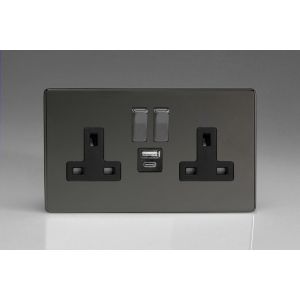 XDI5UACBS Varilight 2 Gang 13 Amp Single Pole Switched Socket with USB-A and USB-C Charging Ports With Qualcomm QuickCharge 3.0 Screwless Screwless Iridium Black (Gloss) Effect Finish, Black Sockets, and Iridium Black Switches