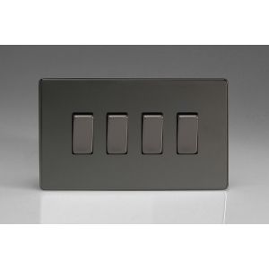 XDI9S Varilight 4 Gang 10 Amp Switch Screwless Iridium Black (Gloss) Effect Finish With Iridium Black Switches