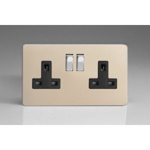 XDN5BS Varilight 2 Gang 13 Amp Double Pole Switched Socket Screwless Satin Chrome Effect Finish With Black Sockets and Polished Chrome Switches