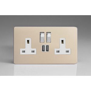 XDN5U2SWS Varilight 2 Gang 13 Amp Single Pole Switched Socket with 2 x 5V DC 2.1 Amp USB Charging Ports Screwless Satin Chrome Effect Finish With White Sockets, and Polished Chrome Switches