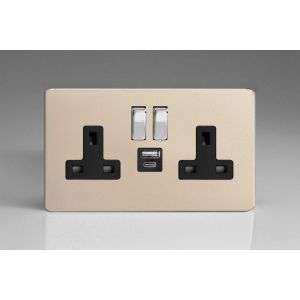 XDN5UACBS Varilight 2 Gang 13 Amp Single Pole Switched Socket with USB-A and USB-C Charging Ports With Qualcomm QuickCharge 3.0 Screwless Screwless Satin Chrome Effect Finish With Black Sockets, and Polished Chrome Switches