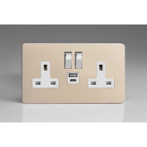 XDN5UACWS Varilight 2 Gang 13 Amp Single Pole Switched Socket with USB-A and USB-C Charging Ports With Qualcomm QuickCharge 3.0 Screwless Satin Chrome Effect Finish With White Sockets, and Polished Chrome Switches