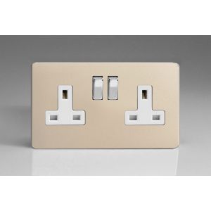 XDN5WS Varilight 2 Gang 13 Amp Double Pole Switched Socket Screwless Satin Chrome Effect Finish With White Sockets and Polished Chrome Switches