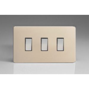 XDN73S Varilight 3 Gang Comprising of 3 Intermediate (3 Way) 10 Amp Switch Screwless Satin Chrome Effect Finish With Polished Chrome Switches, On a Double Plate