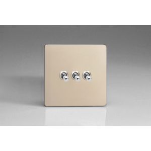 XDNT3S Varilight 3 Gang 10 Amp Toggle Switch Screwless Satin Chrome Effect Finish With Chrome Toggle Switches