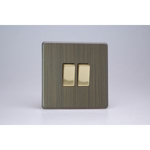 XDY2S.AB Varilight 2 Gang 10 Amp Switch Urban Screwless Antique (Brushed) Brass Finish With Polished Brass Switches