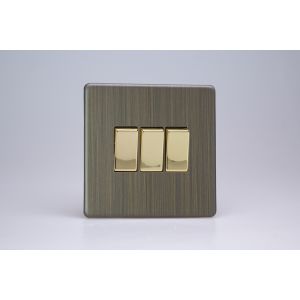 XDY3S.AB Varilight 3 Gang 10 Amp Switch Urban Screwless Antique (Brushed) Brass Finish With Polished Brass Switches