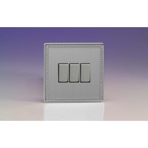 XDY3S.JS Varilight 3 Gang 10 Amp Switch Screwless Jubilee Beaded Brushed Steel Effect Finish With Brushed Steel Switches