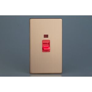 XDY45NS.BC Varilight 45 Amp Double Pole Vertical Cooker Switch with Neon Urban Screwless Brushed Copper Finish With Red Switch