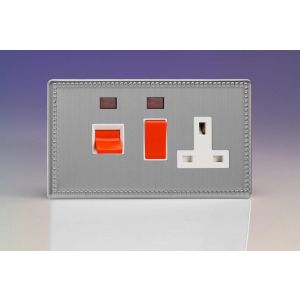 XDY45PNWS.JS Varilight 45 Amp Double Pole Horizontal Cooker Panel with 13 Amp Switched Socket and Neon Screwless Jubilee Beaded Brushed Steel Effect Finish With Red Switches and White Socket