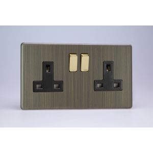 XDY5BS.AB Varilight 2 Gang 13 Amp Double Pole Switched Socket Urban Screwless Antique (Brushed) Brass Finish With Black Sockets and Polished Brass Switches