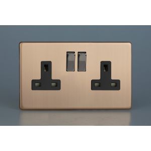 XDY5BS.BC Varilight 2 Gang 13 Amp Double Pole Switched Socket Urban Screwless Brushed Copper Finish With Black Sockets and Iridium Black Switches