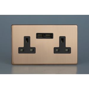 XDY5U2BS.BC Varilight 2 Gang 13 Amp Single Pole Unswitched Socket with 2 Optimised USB Charging Ports Urban Screwless Brushed Copper Finish With Black Sockets