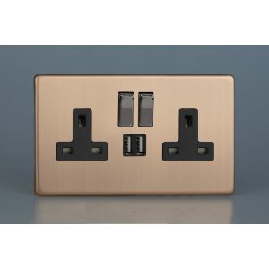 XDY5U2SBS.BC Varilight 2 Gang 13 Amp Single Pole Switched Socket with 2 x 5V DC 2.1 Amp USB Charging Ports Urban Screwless Brushed Copper Finish With Black Sockets, and Iridium Black Switches