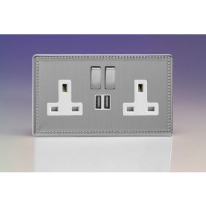 XDY5U2SWS.JS Varilight 2 Gang 13 Amp Single Pole Switched Socket with 2 x 5V DC 2.1 Amp USB Charging Ports Screwless Jubilee Beaded Brushed Steel Effect Finish With White Sockets, and Brushed Steel Switches