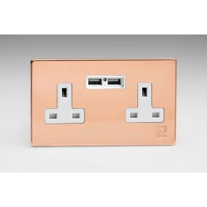 XDY5U2WS.AC Varilight 2 Gang 13 Amp Single Pole Unswitched Socket with 2 Optimised USB Charging Ports Screwless Antimicrobial/Antiviral Unlaquered Copper Cu29 