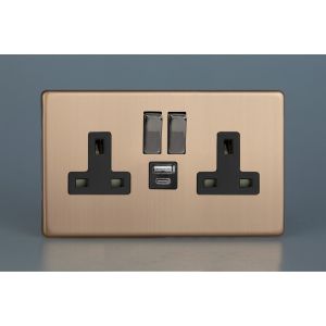 XDY5UACBS.BC Varilight 2 Gang 13 Amp Single Pole Switched Socket with USB-A and USB-C Charging Ports With Qualcomm QuickCharge 3.0 Urban Screwless Brushed Copper Finish With Black Sockets, and Iridium Black Switches