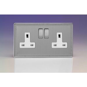 XDY5WS.JS Varilight 2 Gang 13 Amp Double Pole Switched Socket Screwless Jubilee Beaded Brushed Steel Effect Finish With White Sockets and Brushed Steel Switches