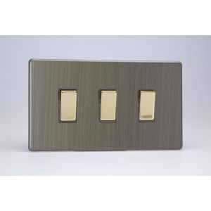 XDY73S.AB Varilight 3 Gang Comprising of 3 Intermediate (3 Way) 10 Amp Switch Urban Screwless Antique (Brushed) Brass Finish With Polished Brass Switches, On a Double Plate