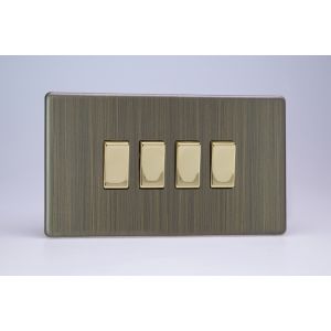 XDY9S.AB Varilight 4 Gang 10 Amp Switch Urban Screwless Antique (Brushed) Brass Finish With Polished Brass Switches