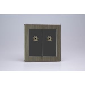 XDYG88BS.AB Varilight 2 Gang Black Co-axial TV Socket Urban Screwless Antique (Brushed) Brass Finish