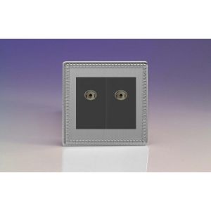 XDYG88BS.JS [XDYG2S.JS + 2x Z2G8B] Varilight 2 Gang Black Co-axial TV Socket Screwless Jubilee Beaded Brushed Steel Effect Finish