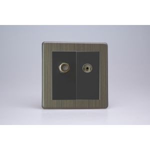 XDYG88SBS.AB Varilight 2 Gang Comprising of Black Co-axial TV and Satellite TV Socket Urban Screwless Antique (Brushed) Brass Finish