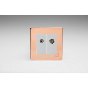 Varilight 2 Gang Comprising of White Co-axial TV and Satellite TV Socket Screwless Antimicrobial/Antiviral Unlaquered Copper Cu29 